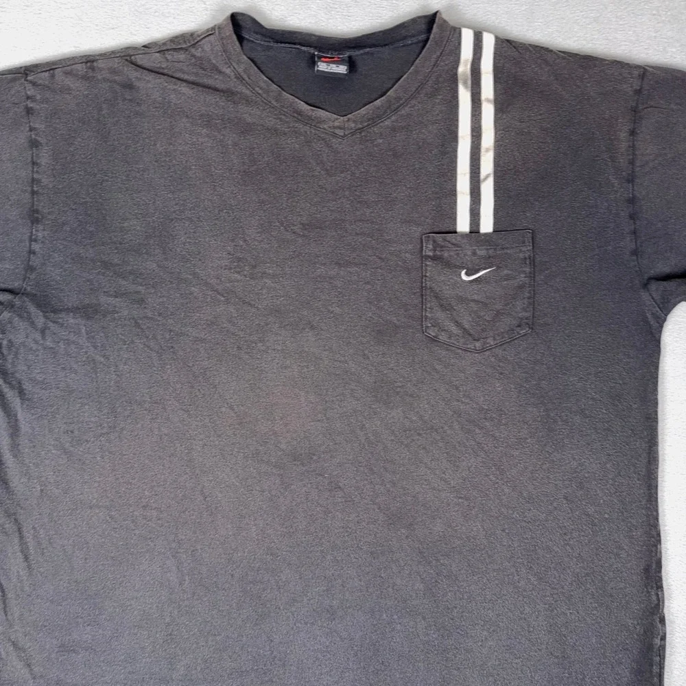 Vintage 90s Nike V Neck Pocket T Shirt XXL Faded Black‎ Swoosh Racing Stripe Tee